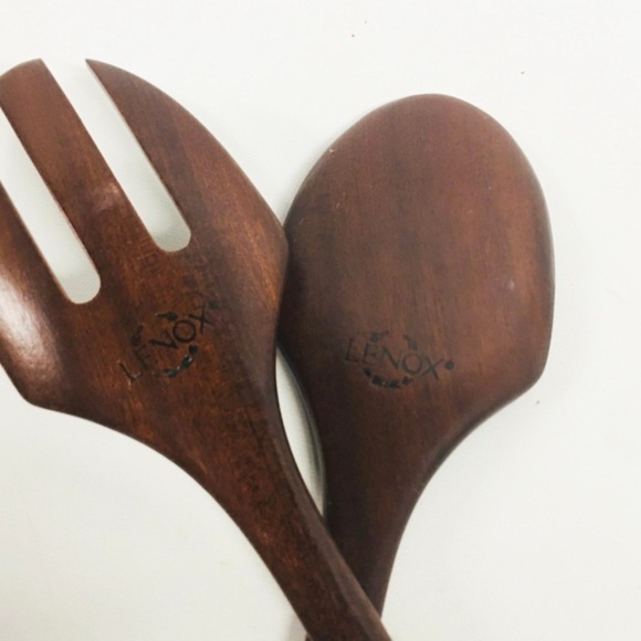 2000s Lenox Teak & Embossed Metal Salad Servers - Picture 2 of 4